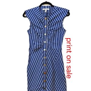 DEREK LAM 10 Crosby Dress Womens  Blue Striped Shirtdress Snap Front Cap Sleeve